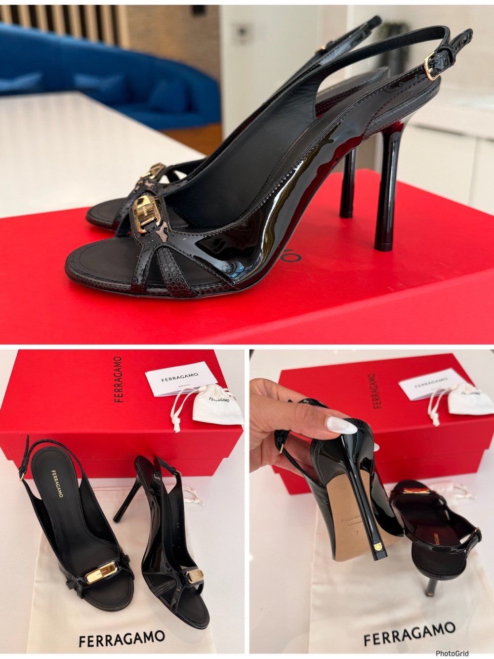 Salvatore Ferragamo Dasy 95 Black Patent Leather Slingback Sandals Gold Logo